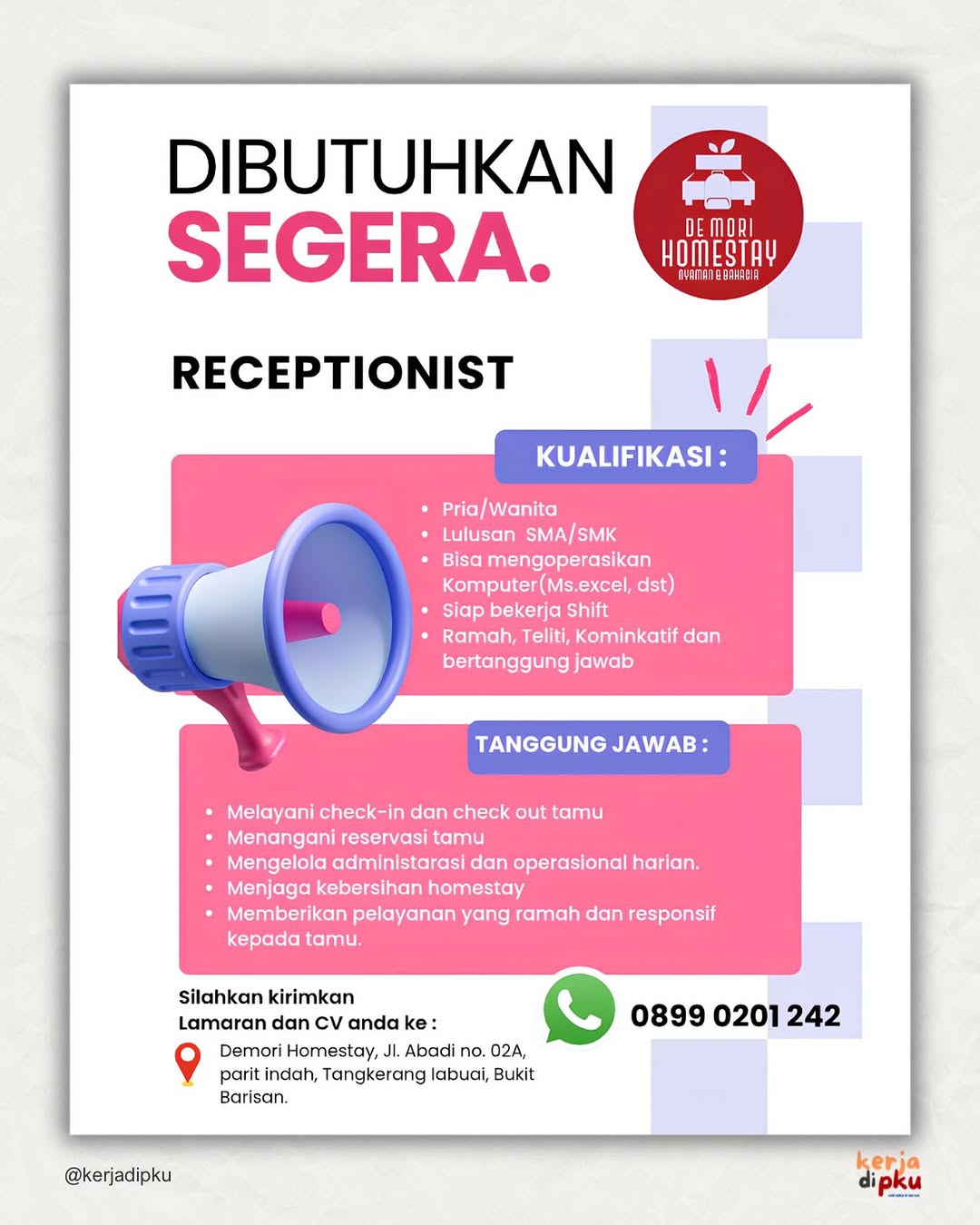 Lowongan Receptionist De Mori Homestay Pekanbaru