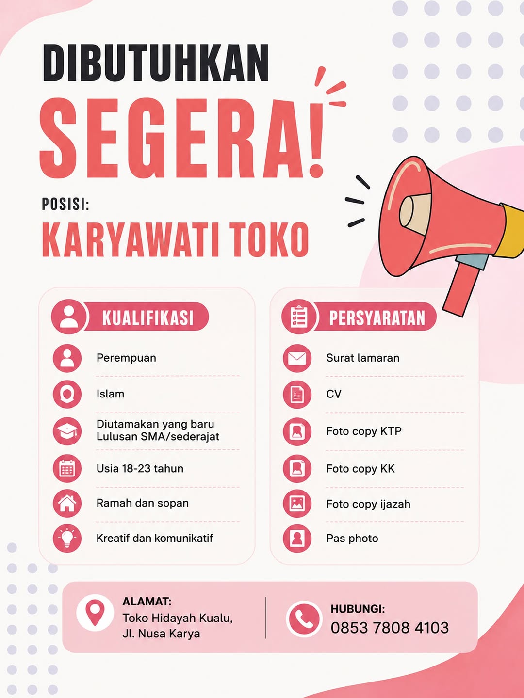 Lowongan KARYAWATI TOKO Toko Hidayah Kualu Pekanbaru