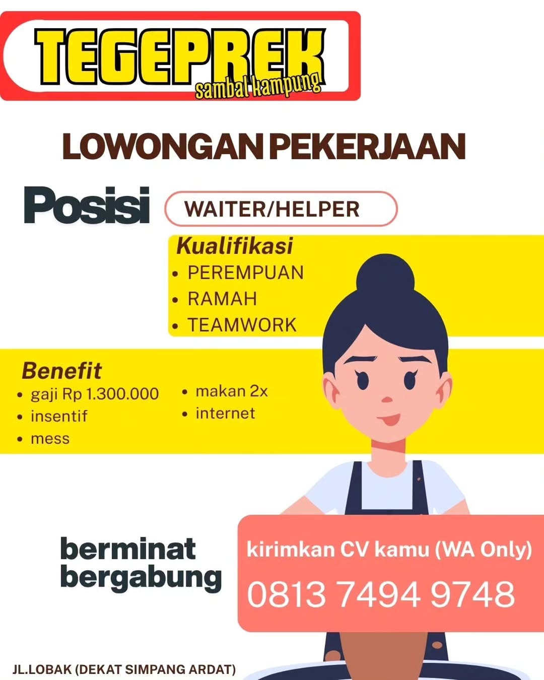 Lowongan Waiter / Helper Tegprek Sambal Kampung Pekanbaru