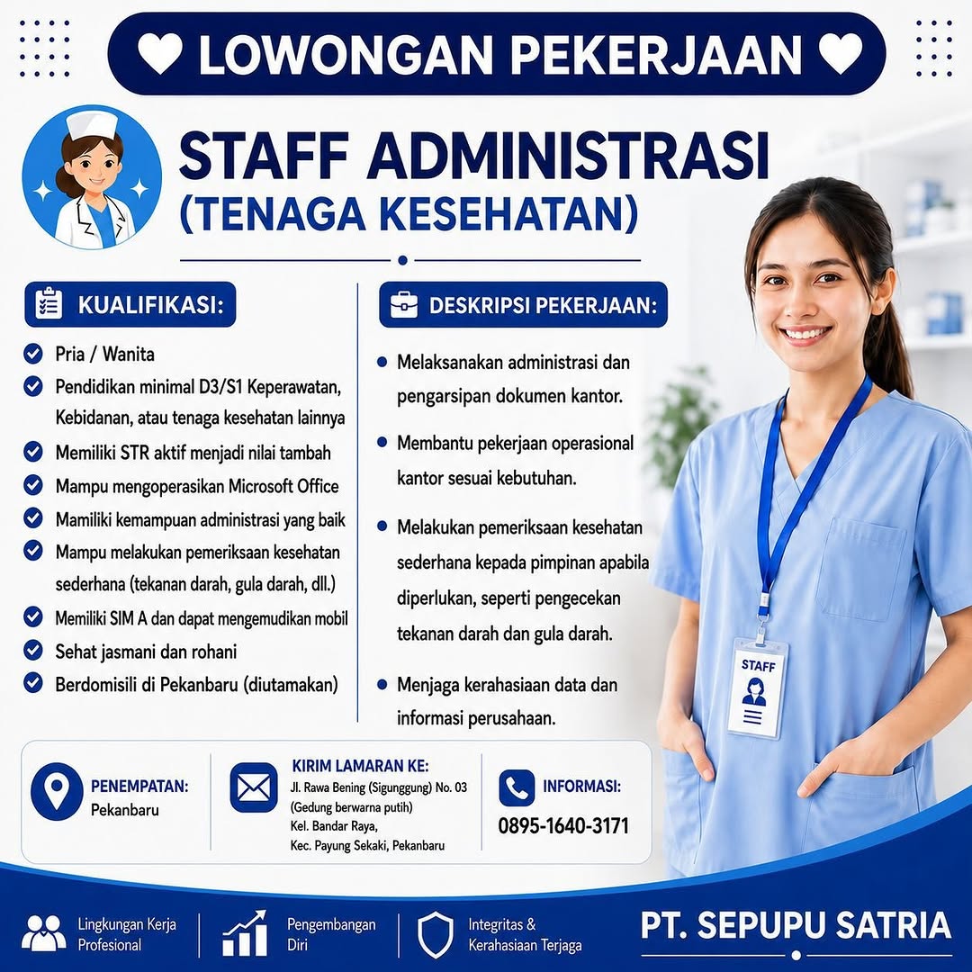 Lowongan STAFF ADMINISTRASI (TENAGA KESEHATAN) PT. SEPUPU SATRIA Pekanbaru