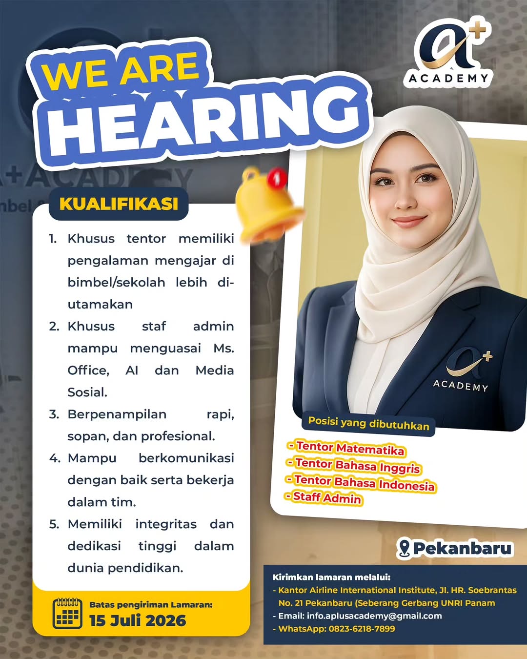 Lowongan Tentor Matematika & Posisi Lainnya A+ Academy Pekanbaru