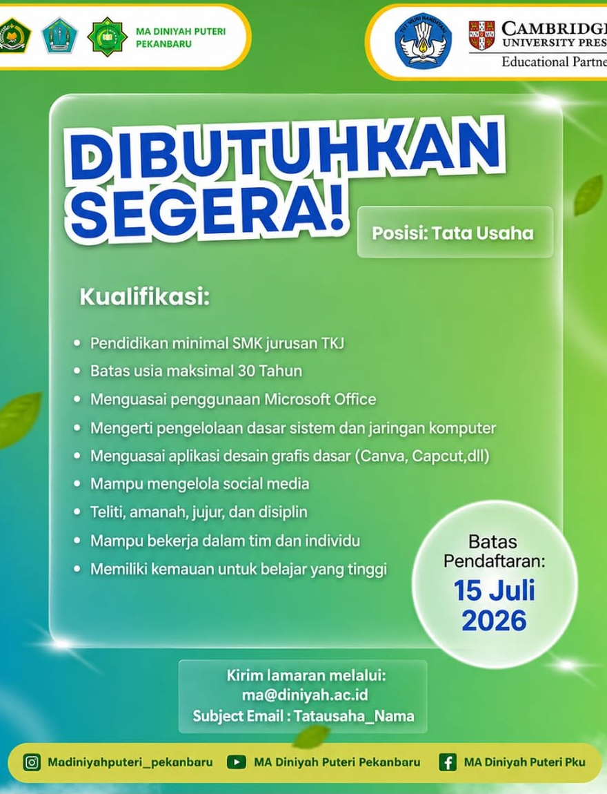 Lowongan Tata Usaha MA Diniyah Puteri Pekanbaru Pekanbaru