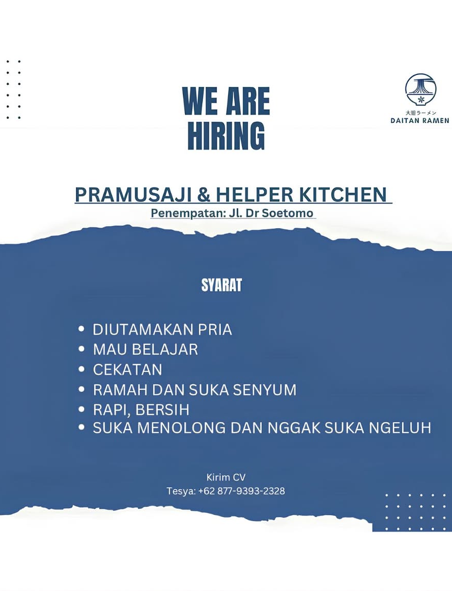 Lowongan Pramusaji & Helper Kitchen Daitan Ramen Pekanbaru