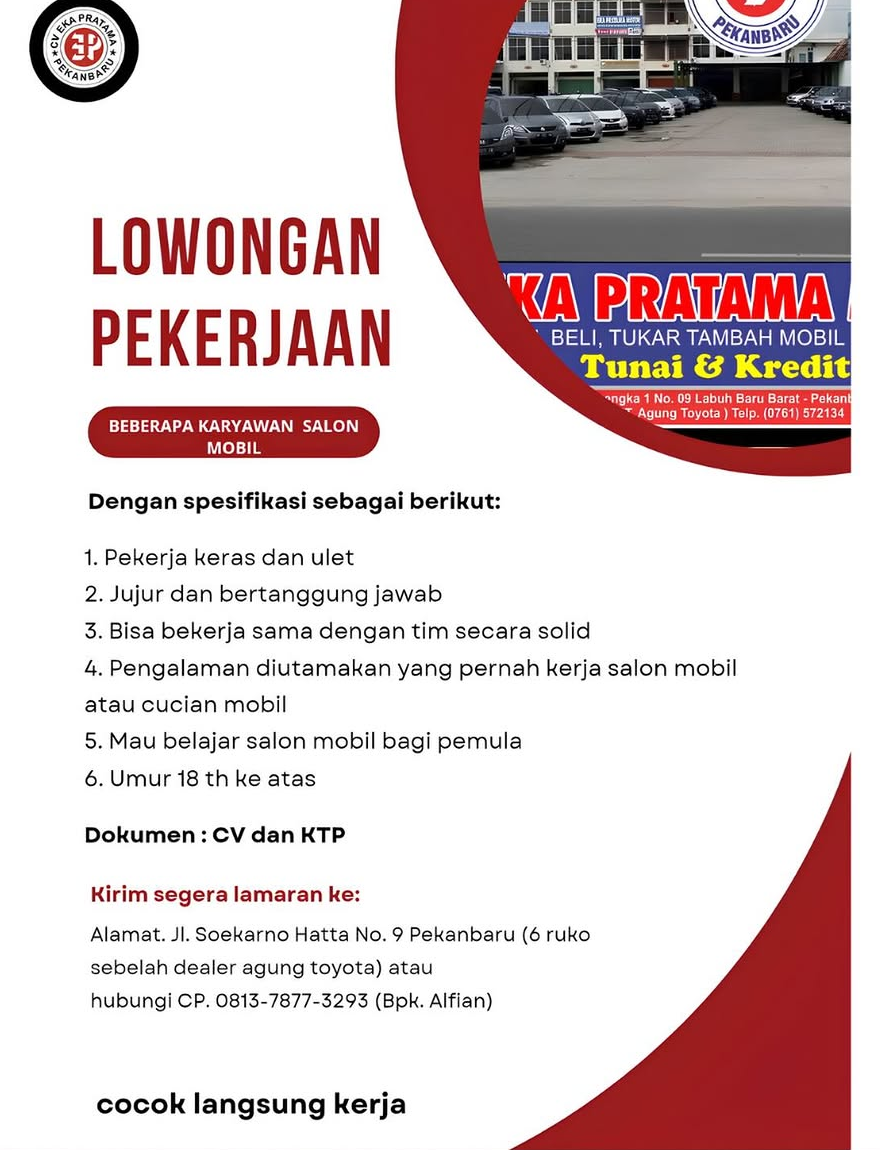 Lowongan Karyawan Salon Mobil Eka Pratama Motor Pekanbaru
